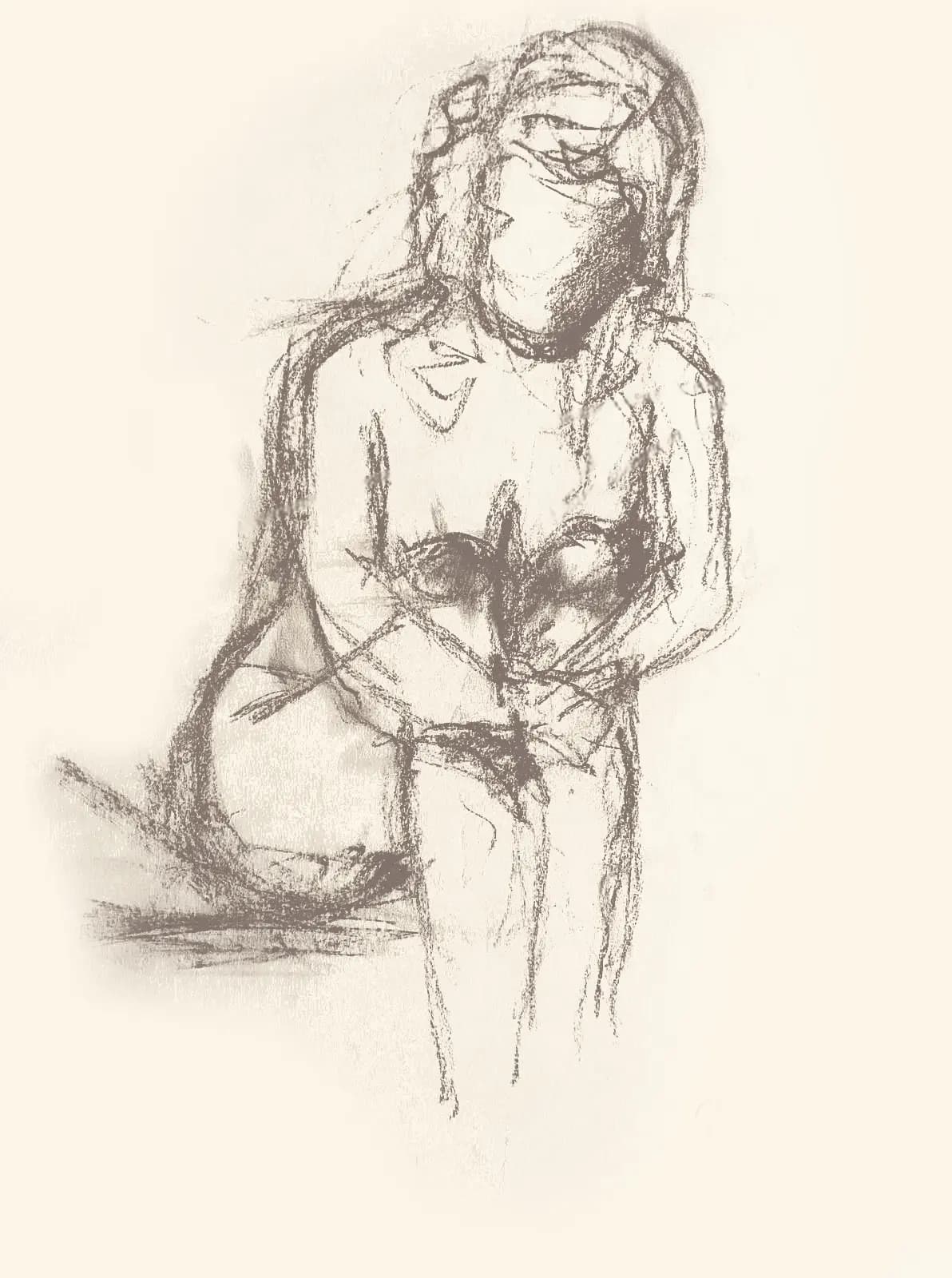 Disegno a matita di figura umana sdraiata, studio dal vero su carta chiara.