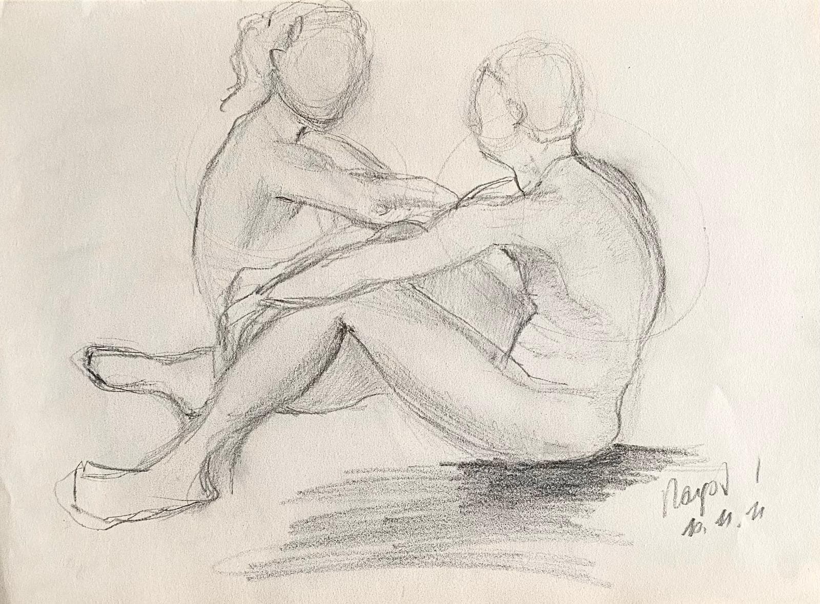 Illustration of two seated people supporting each other.